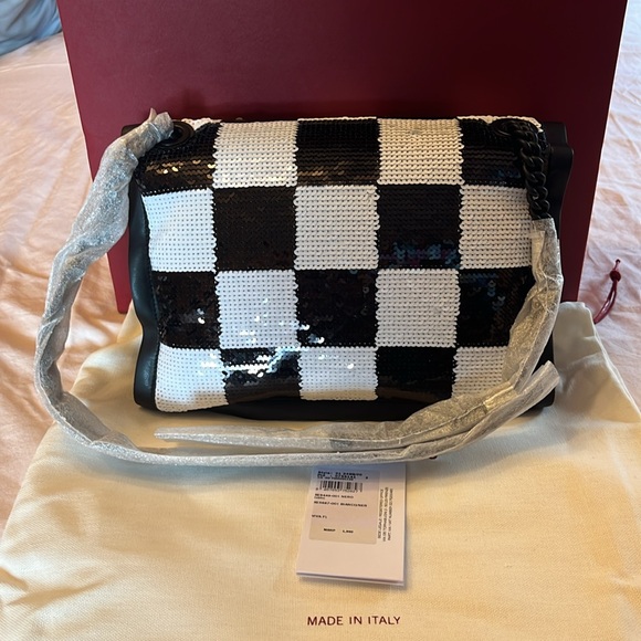 NWT SALVATORE FERRAGAMO VIVA BOW NERO FABRIC BIANCO/NERO SEQUIN BAG. - Picture 5 of 8